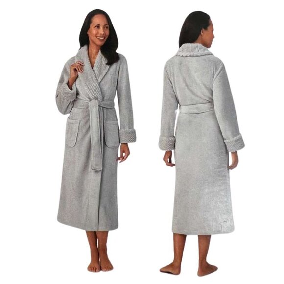 Carole Hochman Women's Light Grey Textured Collar Plush Wrap Robe | Size Small - Picture 3 of 3